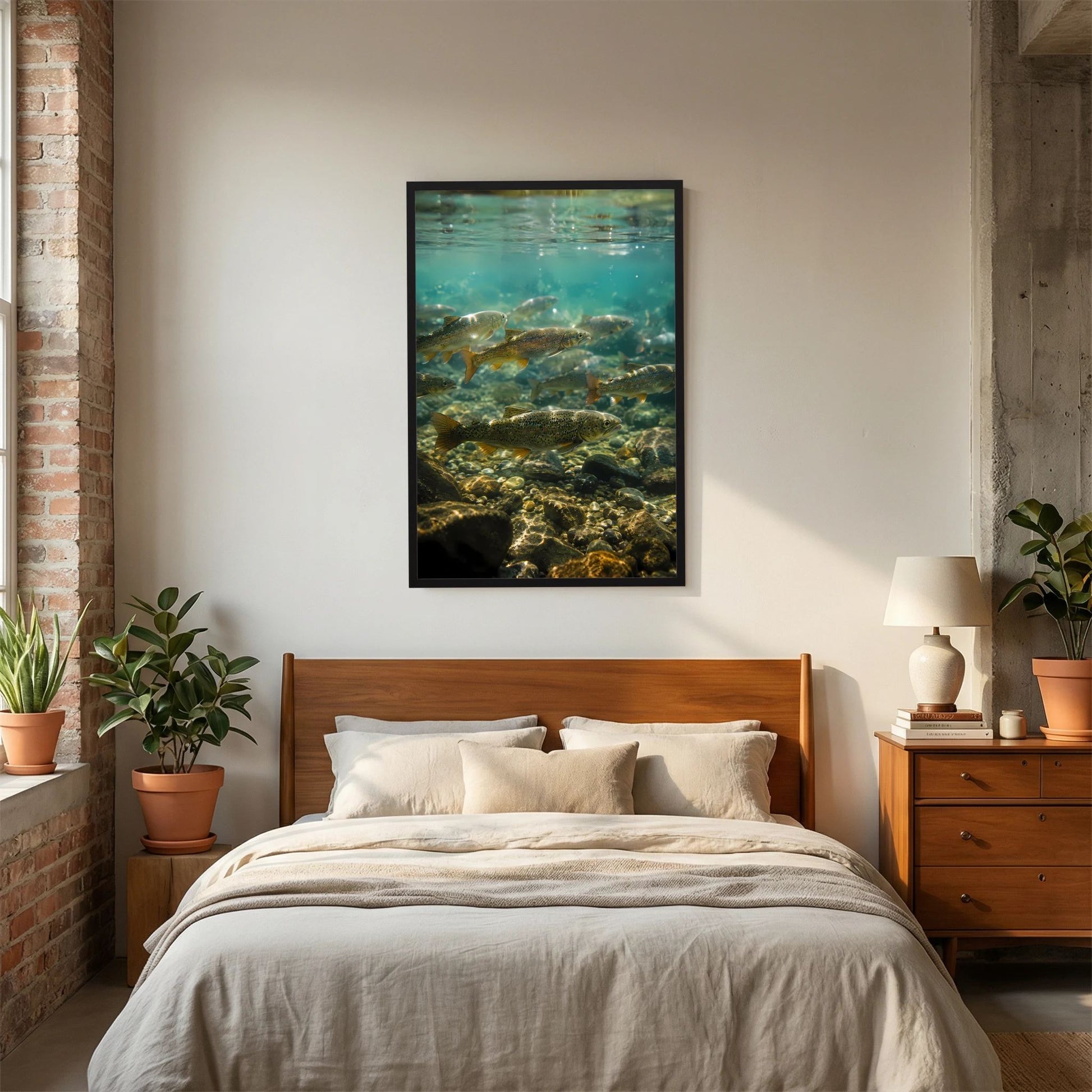 Unterwasser-Poster im Hochformat mit Forellen und Steinen im Bachbett