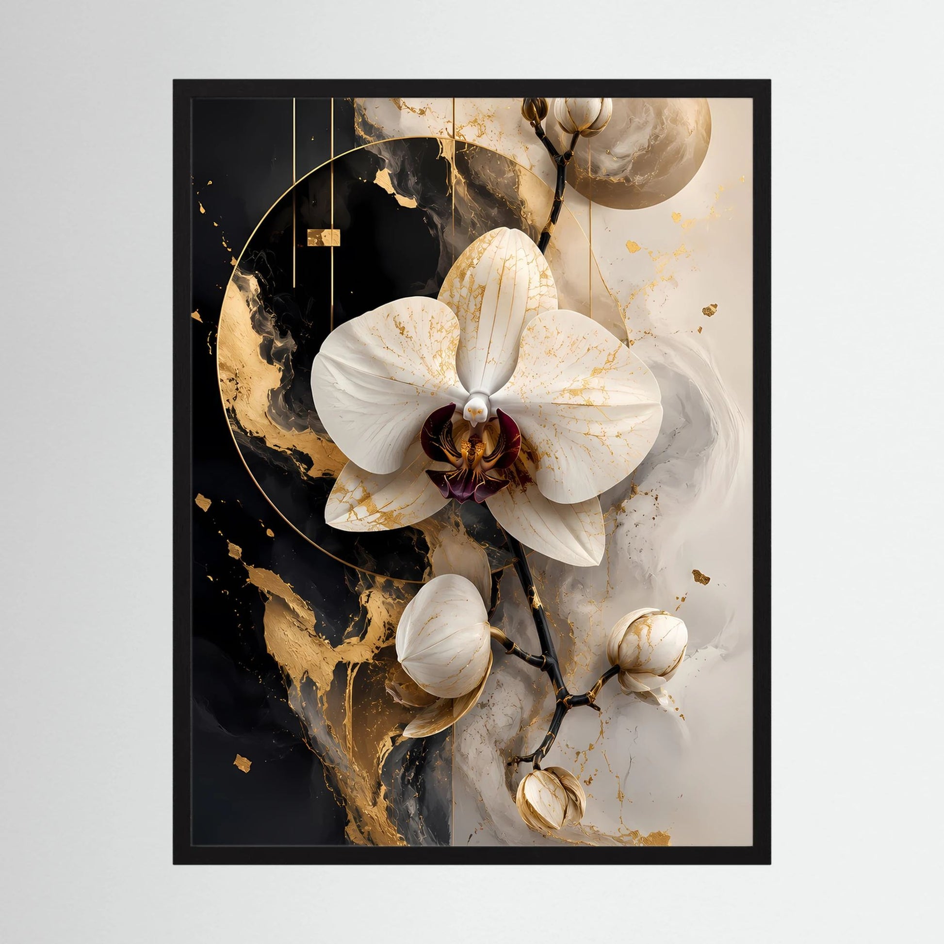 Gerahmtes Poster mit weißen Orchideen in Schwarz‑Gold, Hochformat