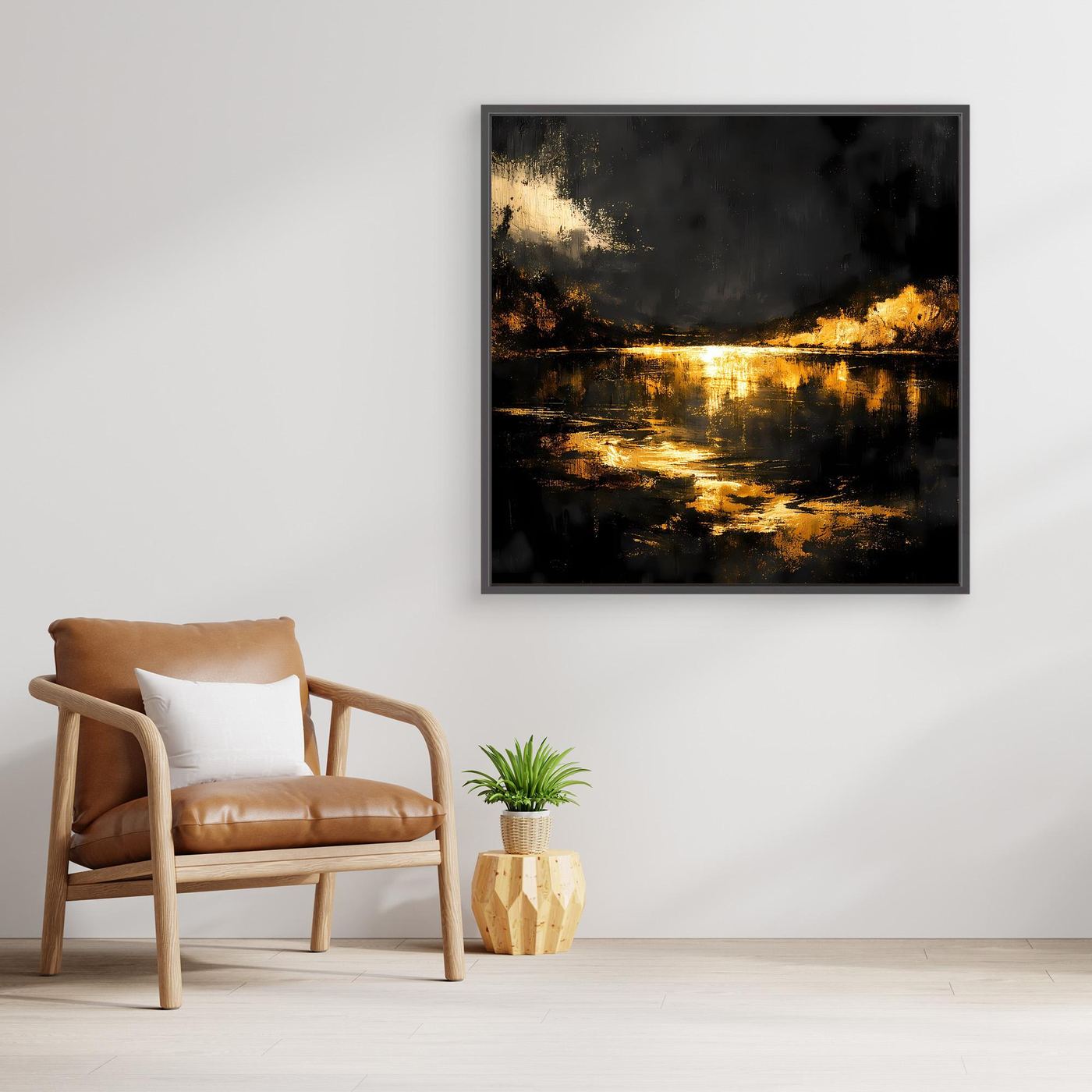 Leinwand Goldene Flusslandschaft bei Nacht | Abstraktes Natur Wandbild Moderne Kunst