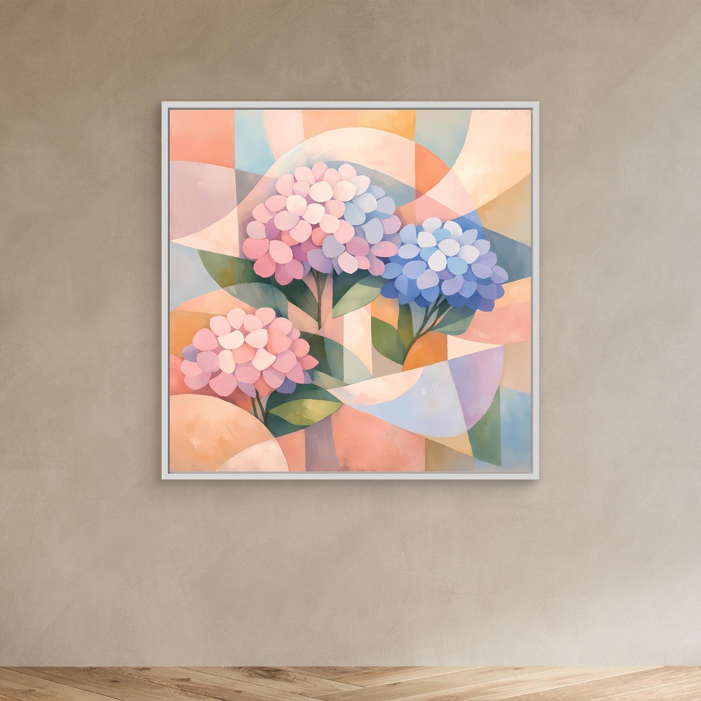 Leinwandbild mit geometrischen Hortensien in Pastellfarben, weißer Rahmen