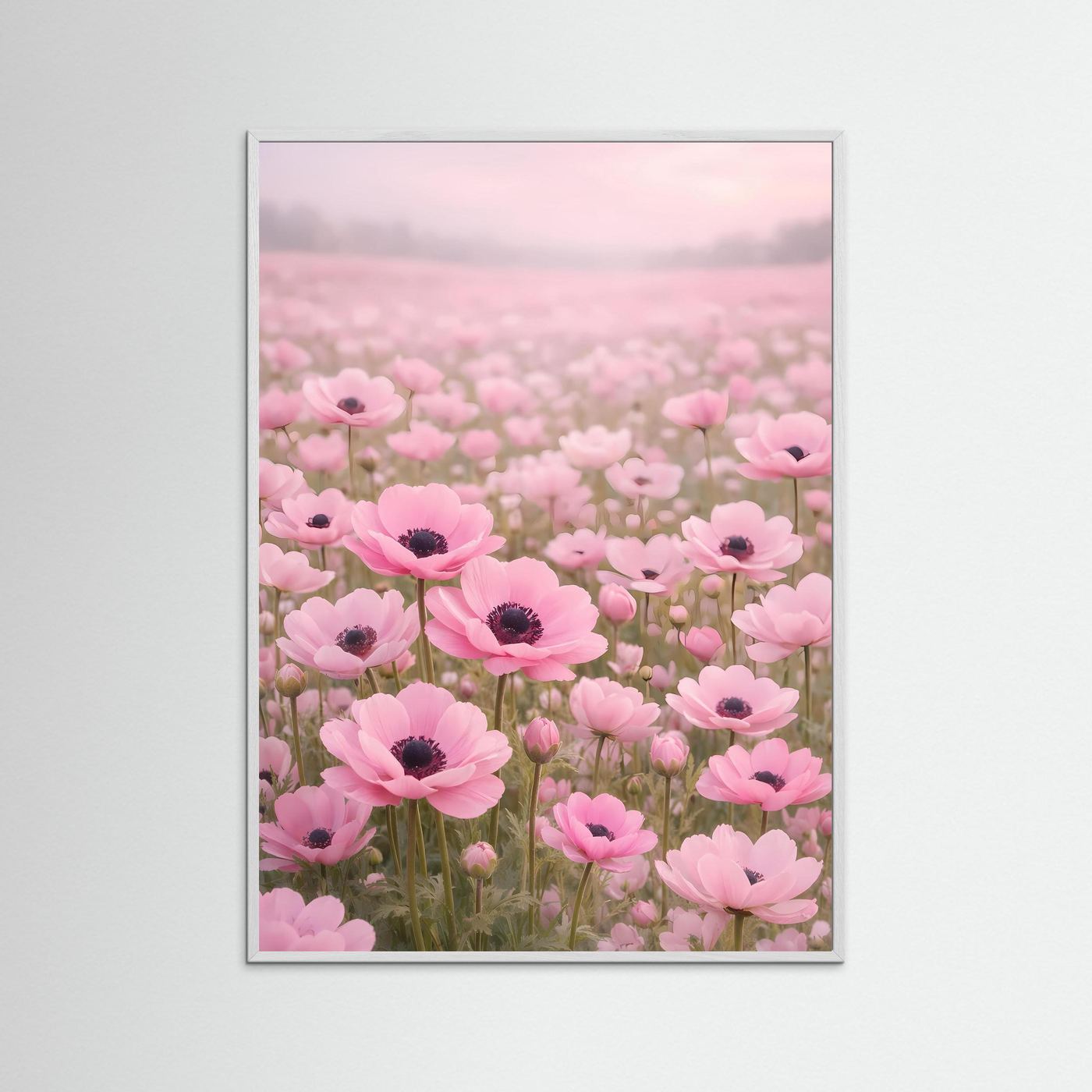 Blumenwiesen-Poster mit pastellrosanen Anemonenblüten, Hochformat, weißer Rahmen