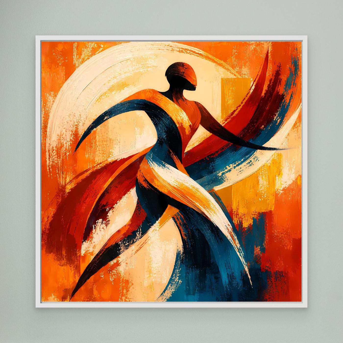 Leinwandbild mit abstrakter Tänzer-Silhouette in Rot-, Blau- und Orangetönen, weiß gerahmt