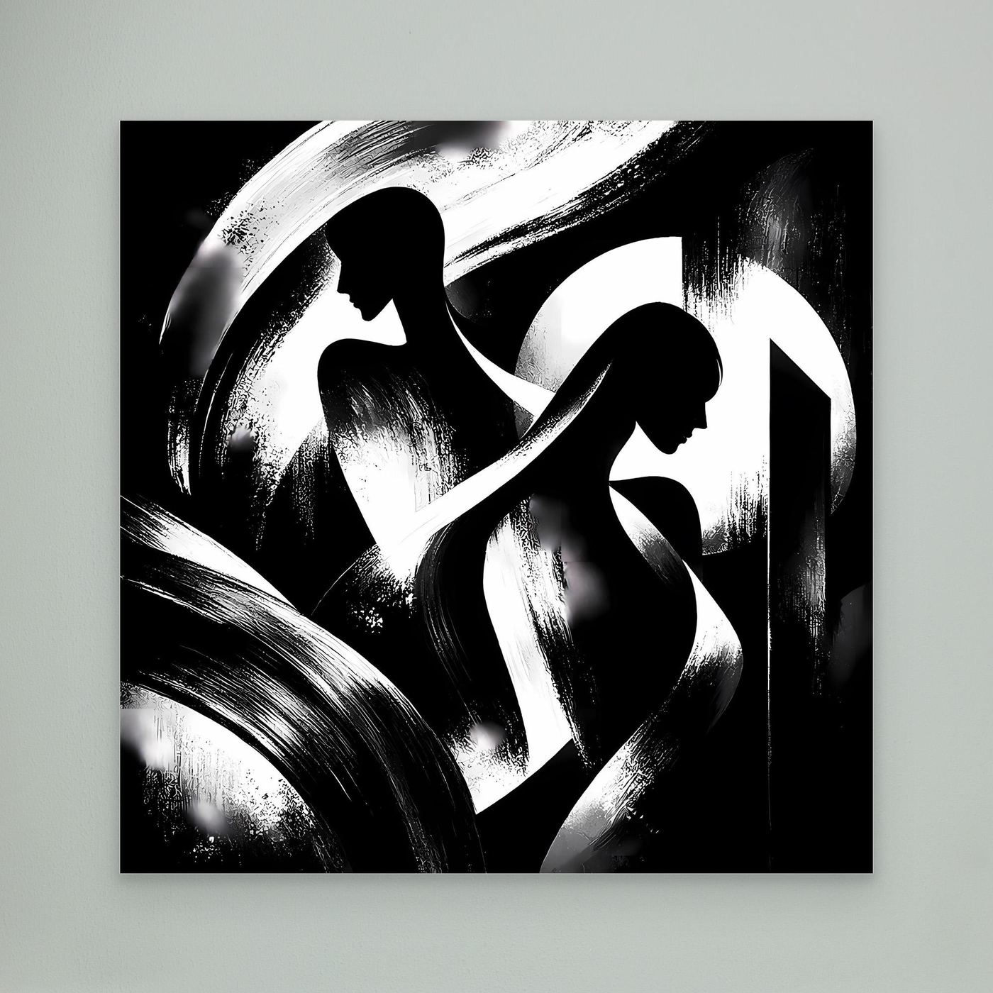 Abstraktes Leinwand-Wandbild mit zwei schwarzweißen Silhouetten und Pinselstrichen