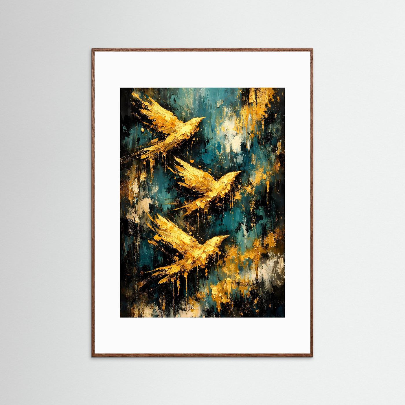 Vögel-Poster im Hochformat mit braunem Holzrahmen und weißem Passepartout, abstrakt