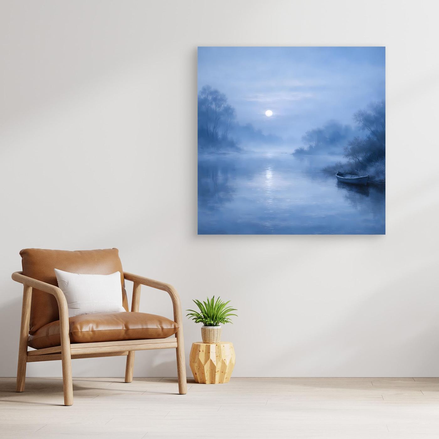 Quadratisches Leinwandbild: blauer Fluss im Mondlicht mit Nebel und Boot