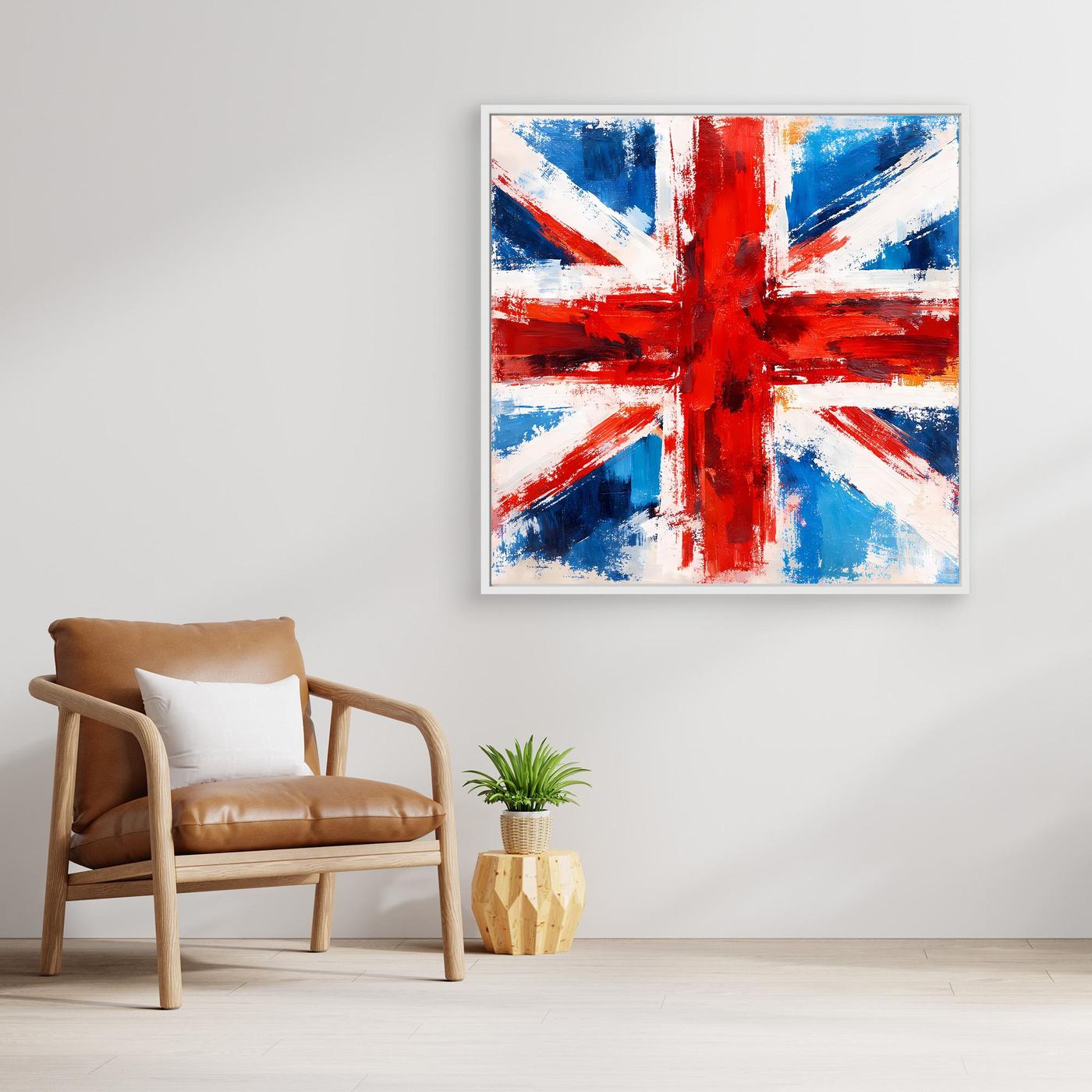 Abstract Union Jack wall art in white frame, blue and red cross with white textured strokes