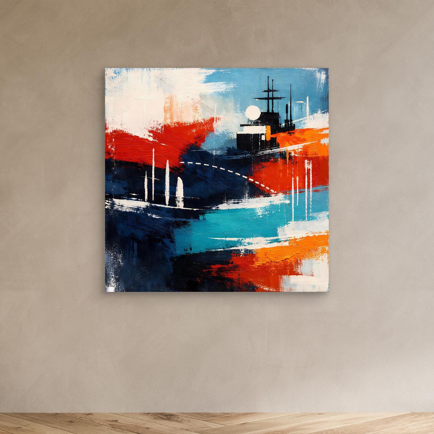 Abstraktes Leinwand-Wandbild mit Schiff in Blau, Rot und Türkis, schmaler Eichenrahmen