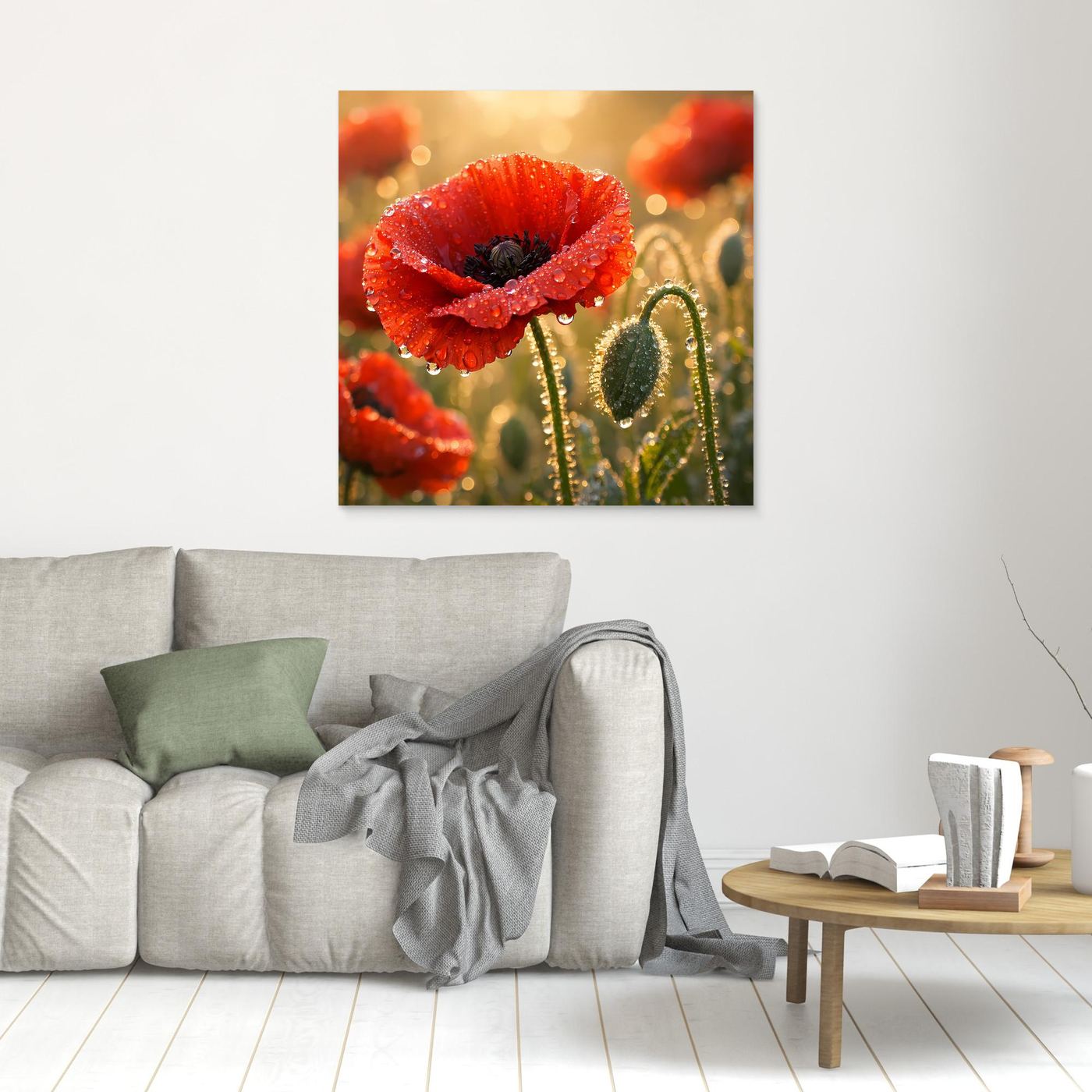 Wandbild mit rotem Klatschmohn und Wassertropfen, kleines Format, brauner Rahmen
