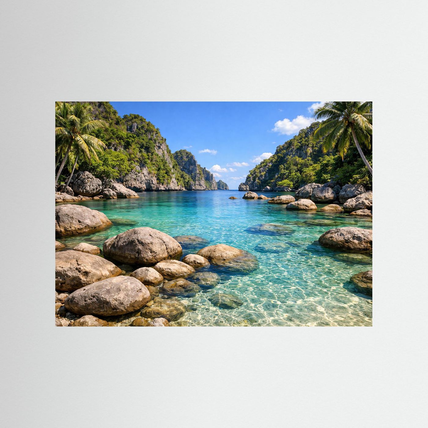 Naturmeer-Poster im Querformat mit türkisfarbenem Wasser, Felsen und Palmen