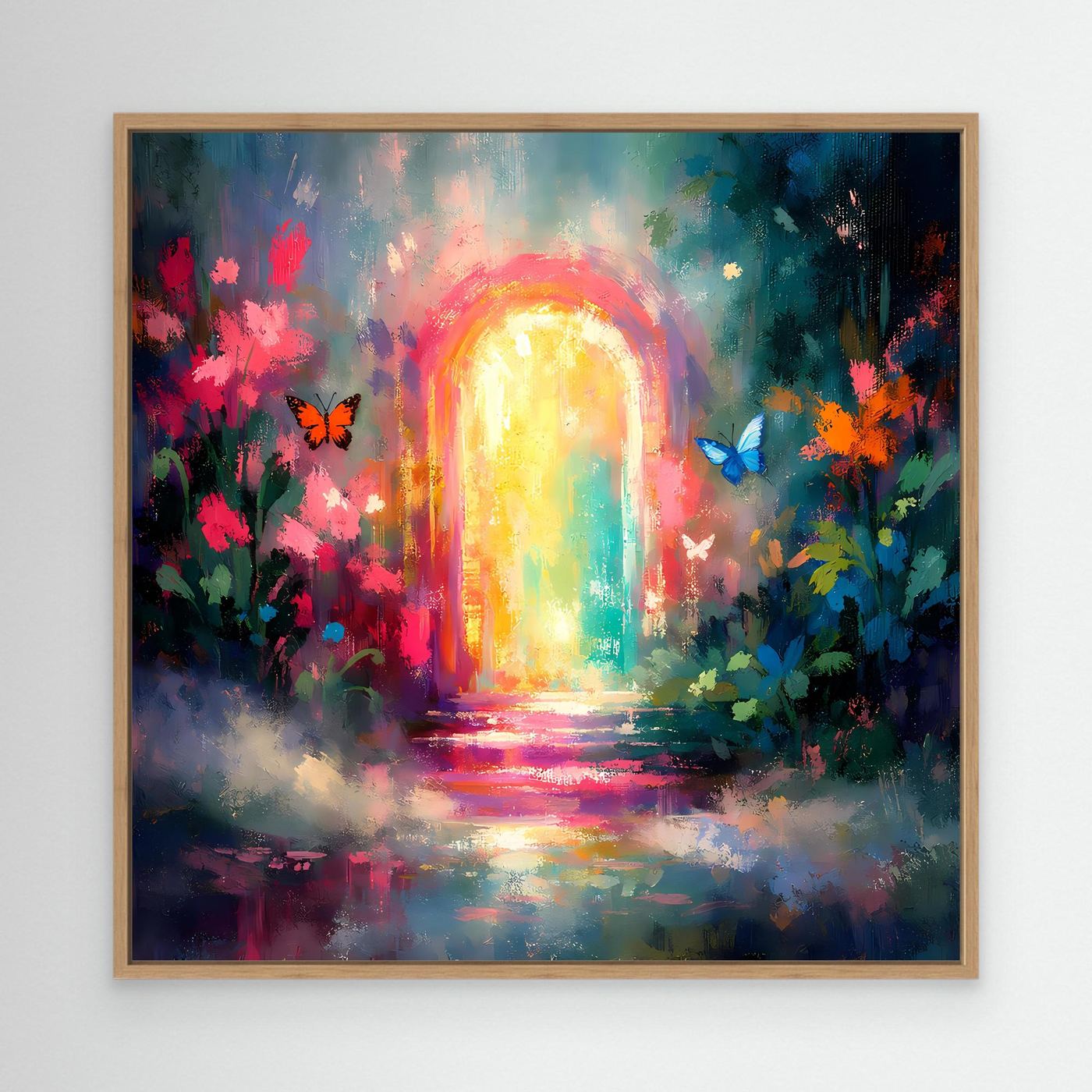 Abstraktes Wandbild mit hellem Holzrahmen: leuchtendes Tor, Blumen und Schmetterlinge