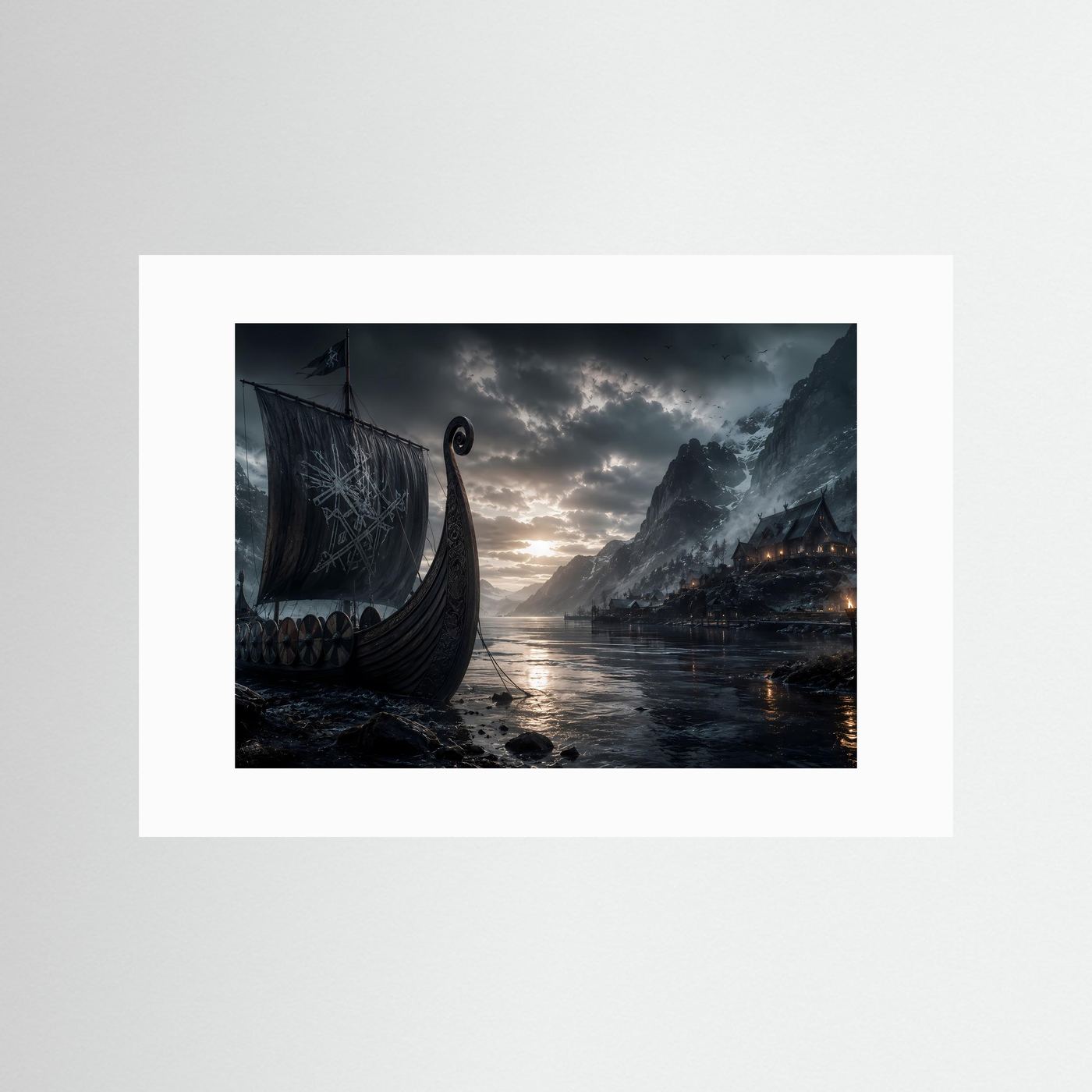 Wikinger im Fjord | Mystisches Langschiff zwischen Bergen – Nordische Wandkunst