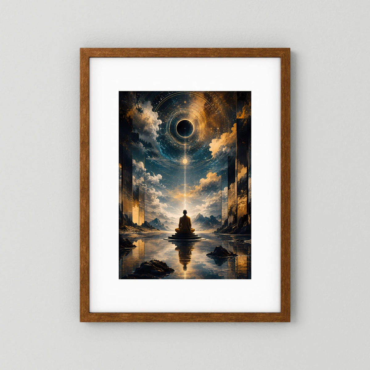 Hochformatiges Poster mit Mönch vor kosmischem Lichtportal, brauner Holzrahmen und weißer Rand