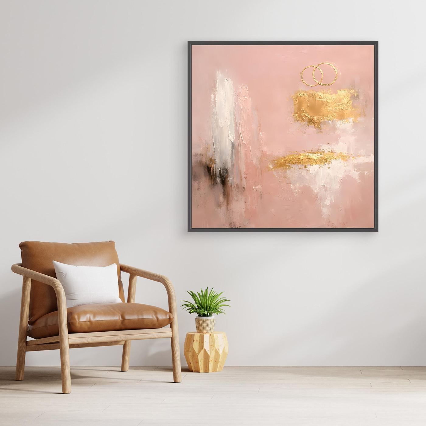 Leinwand Abstraktes Hochzeitsgemälde in Altrosa und Gold | Modernes Wandbild Eheringe
