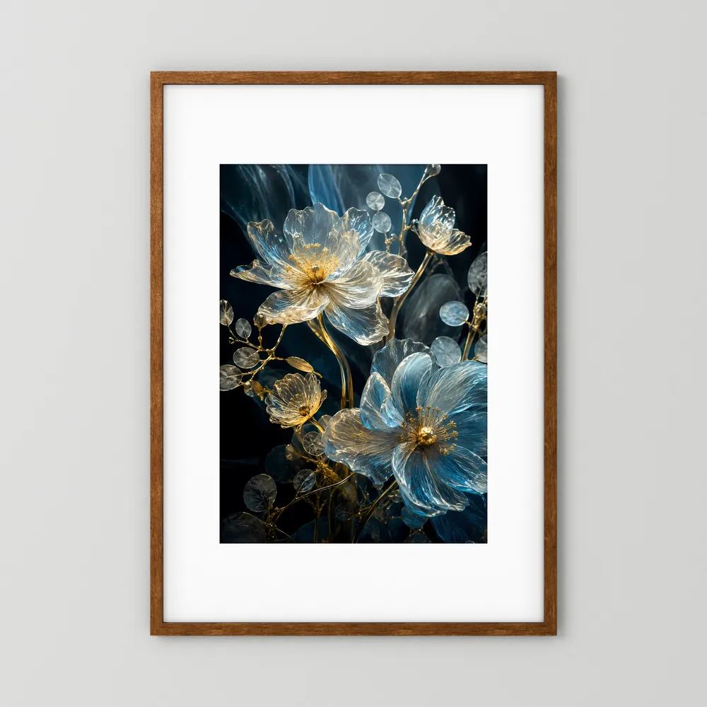Poster mit floralen Glaskunst-Blüten in Blau und Gold, brauner Holzrahmen mit weißem Rand