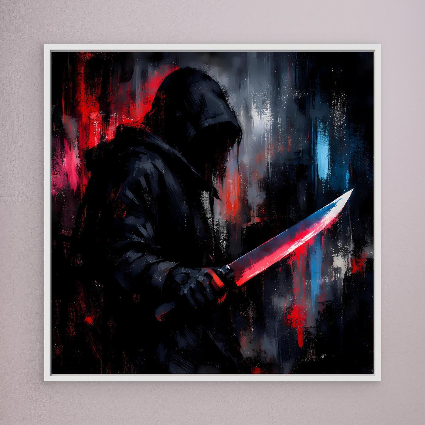Wandbild: Cyberpunk-Schattenkrieger mit rotem Schwert, weißer Rahmen
