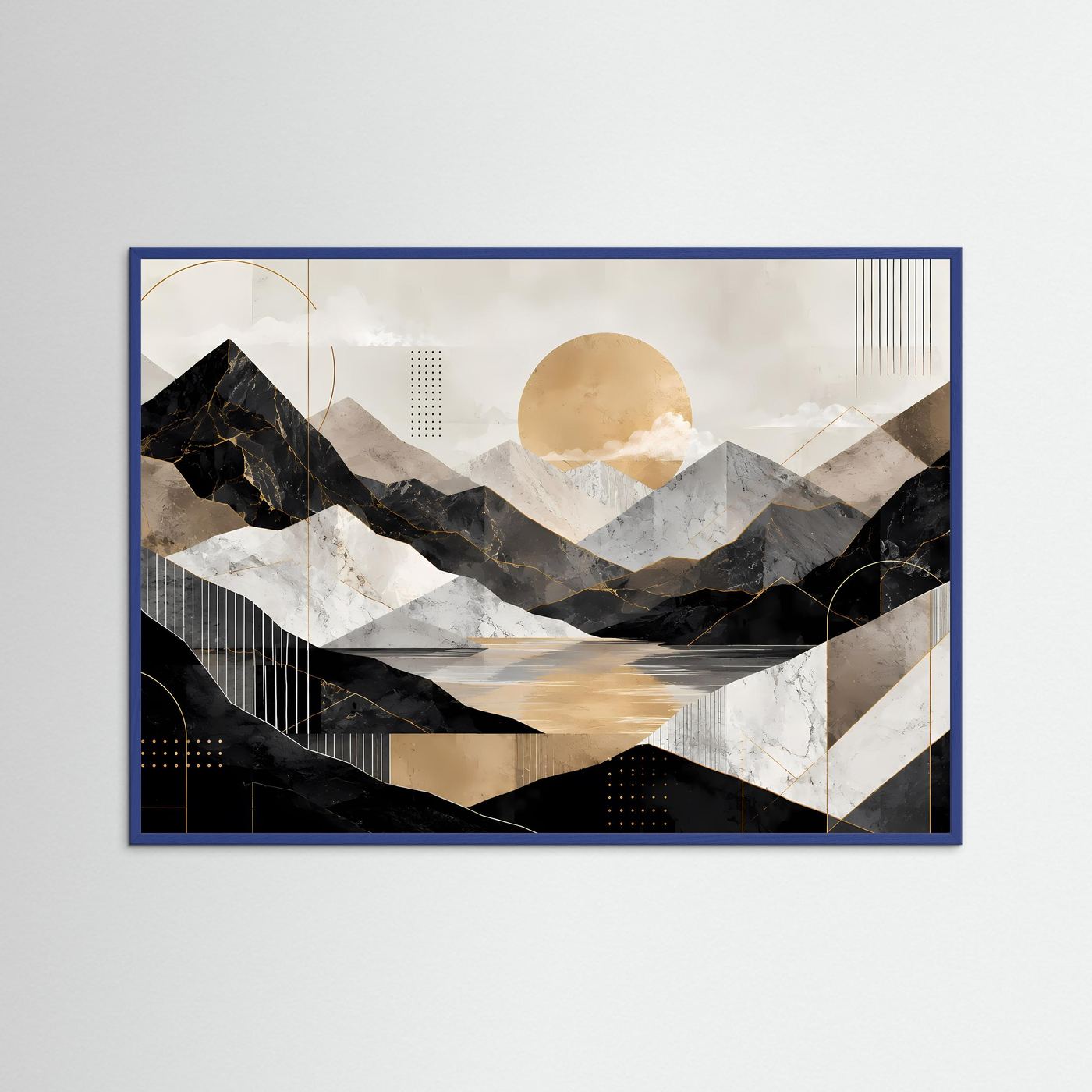 Abstraktes Poster mit Bergen, See und goldener Sonne; blauer Rahmen im Querformat.