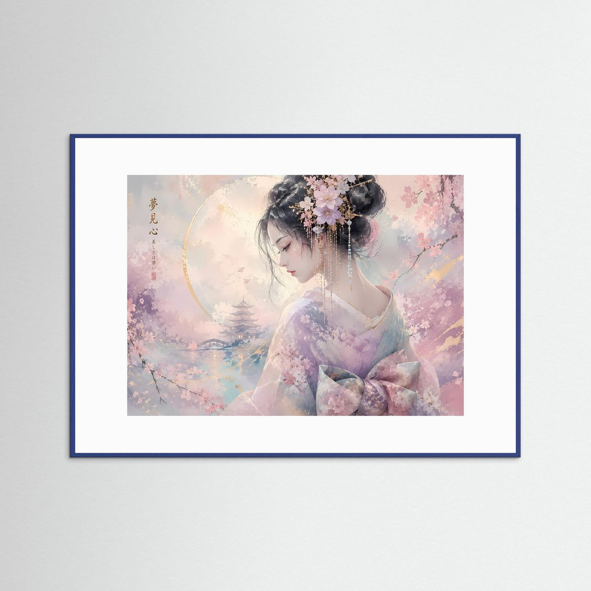 Wandbild mit Sakura-Motiv und blauer Umrandung: Frau im Kimono mit Blumenkranz.