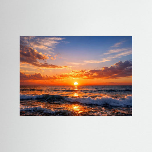 Querformat-Poster mit Meer bei Sonnenuntergang und orangefarbenem Himmel