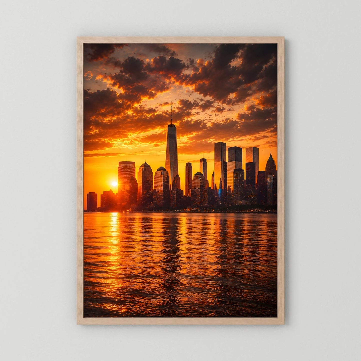 Hochformatiges Poster mit Skyline bei Sonnenuntergang über Wasser, orangefarben, Holzrahmen