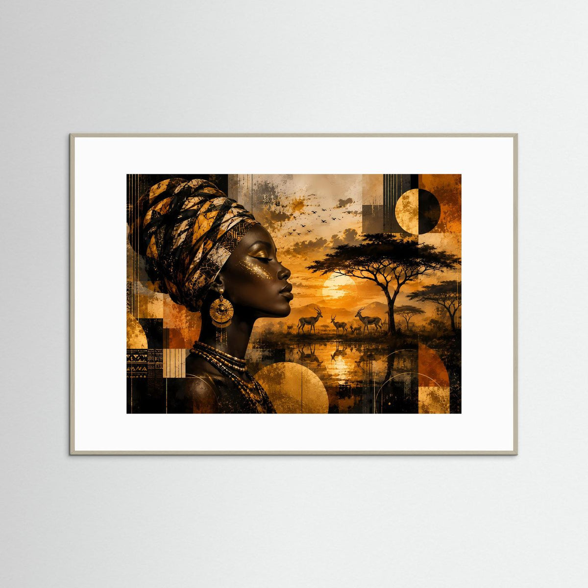 Horizontales Wandbild mit Porträt einer Frau in goldener Sonnenuntergangszene, im grauen Rahmen