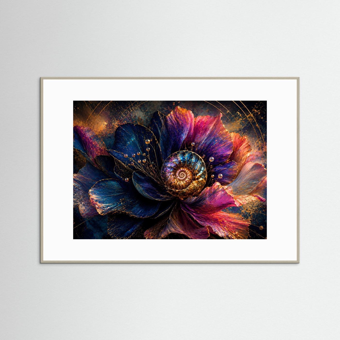 Abstrakte Blume mit Ammonit Wandbild | Luxuriöse Floral Fossil Kunst | Blau Pink Gold Modernes Poster | Elegante Botanical Wall Art | Leinwand