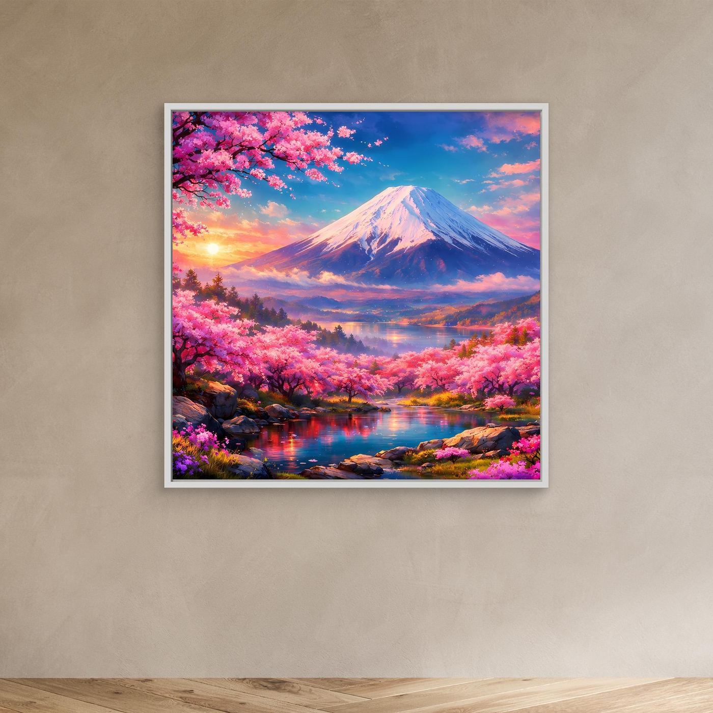 Leinwandbild Magischer Fuji & Kirschblüte | Japanisches Frühlingserwachen Wandbild auf echtem Holzkeilrahmen