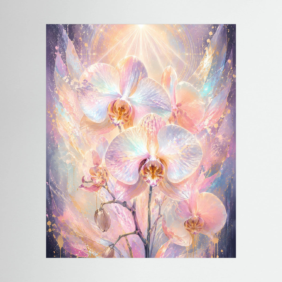 Orchideen-Poster mit rosa-pastellfarbenen Blüten und Glanzakzenten, Hochformat