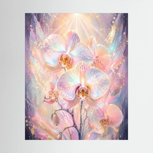 Orchideen-Poster mit rosa-pastellfarbenen Blüten und Glanzakzenten, Hochformat