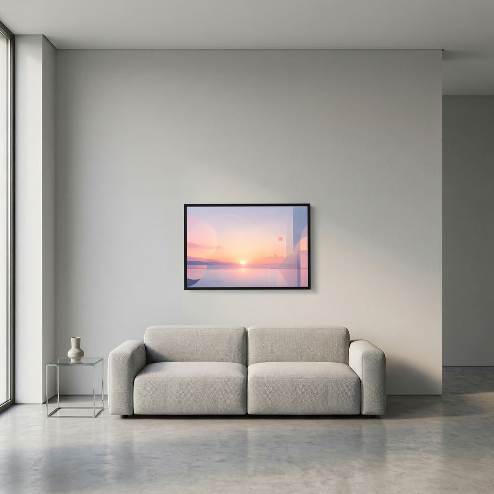 Kleines Querformat-Poster mit Sonnenlandschaft in Rosa und Blau, schwarzer Rahmen an Wand