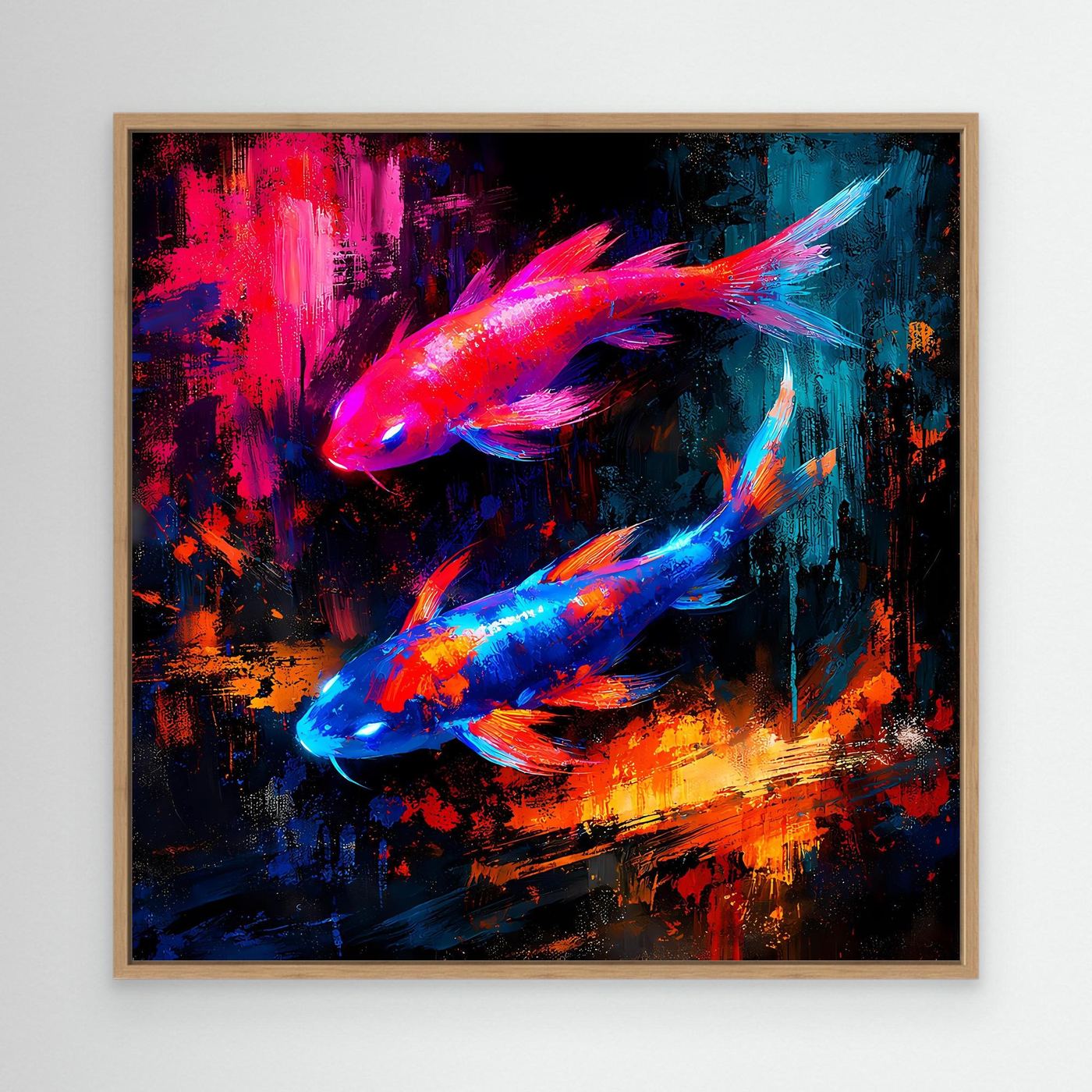 Leinwandbild mit leuchtenden Koi-Fischen in Pink-Blau, gerahmt in hellem Holz