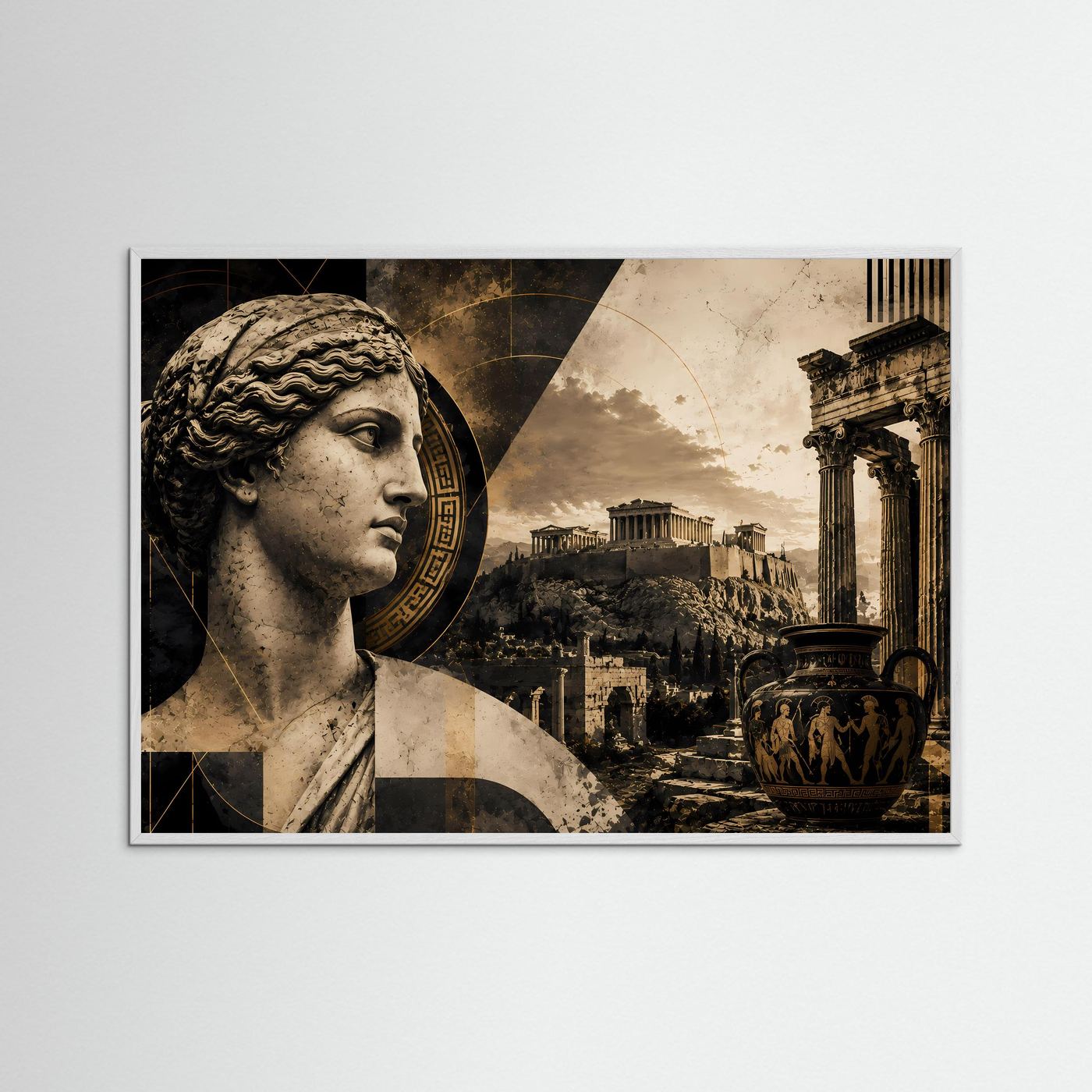 Wandkunst mit griechischer Statue im Schwarz-Gold-Print, gerahmt in weißem Holzrahmen
