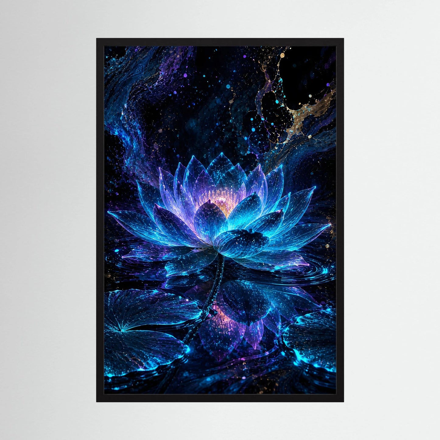Kunstposter mit leuchtender Lotusblüte in Blau und Türkis im schwarzen Rahmen, Hochformat.