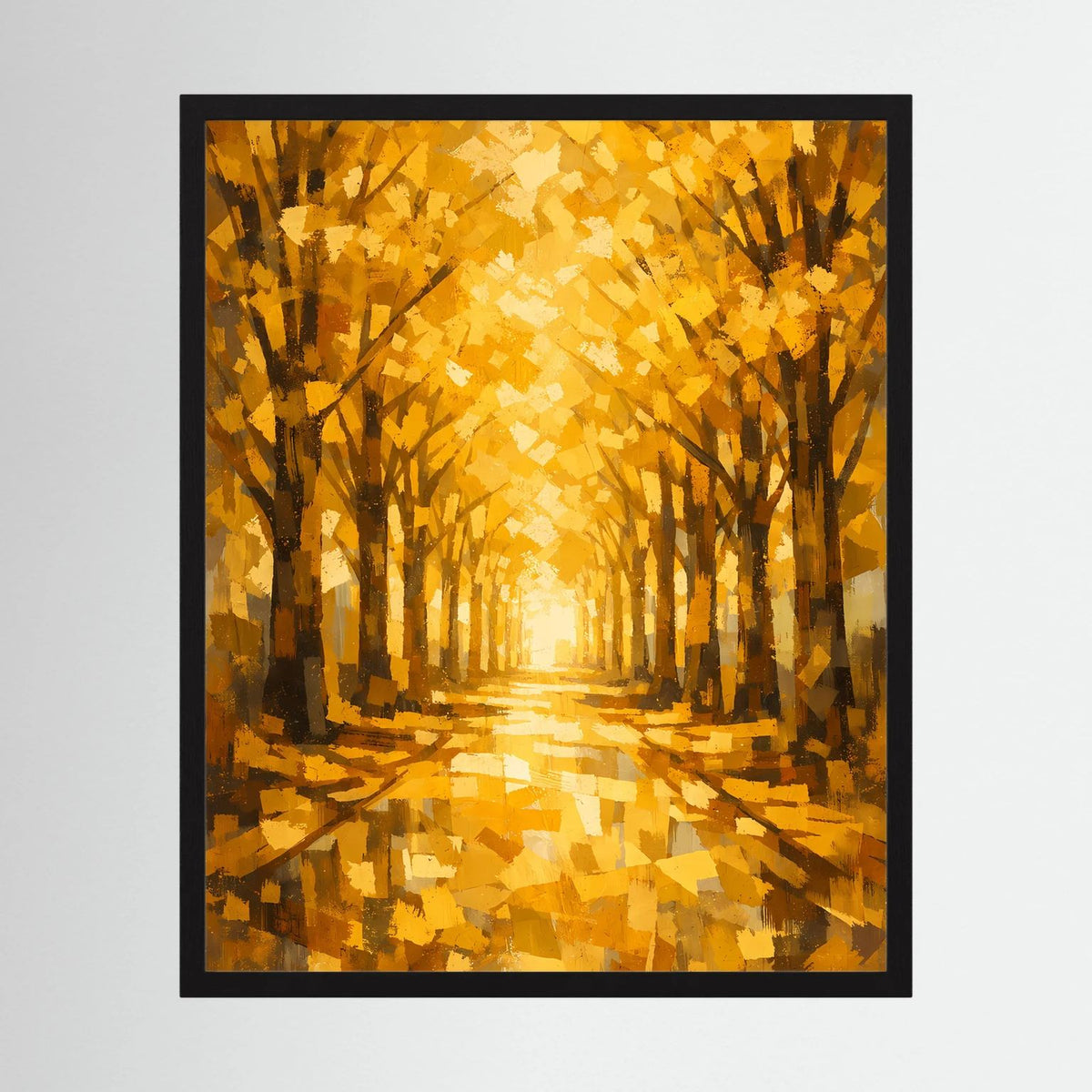 Hochformatiges Wandbild im schwarzen Rahmen mit goldener Baumallee und herbstlichem Wald