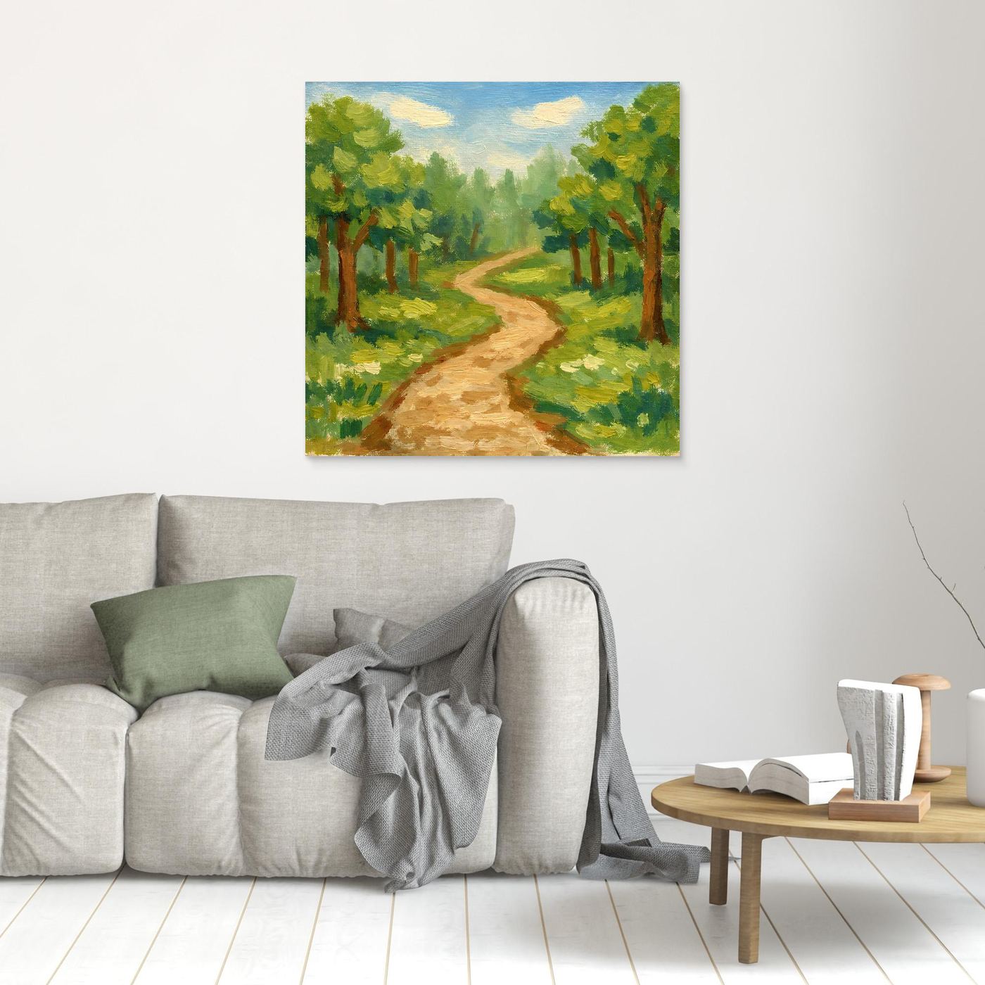 Leinwandbild Waldweg klein an der Wand; grüner Wald, goldener Pfad