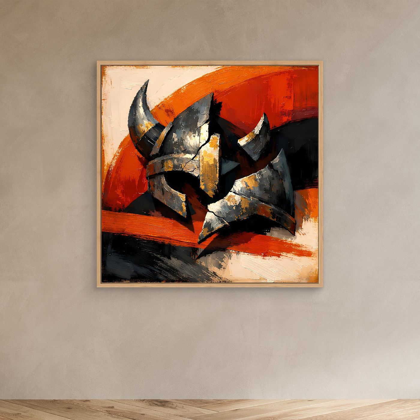Gerahmtes Leinwandbild mit Wikingerhelm, abstrakte Metalloptik in Grau und Schwarz