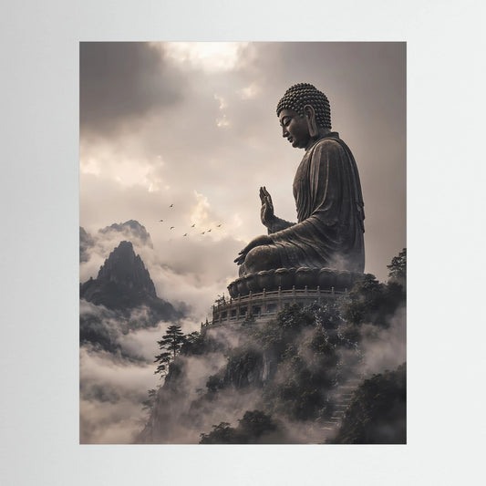 Hochformatiges Poster mit sitzendem Buddha, betenden Händen und nebliger Bergkulisse