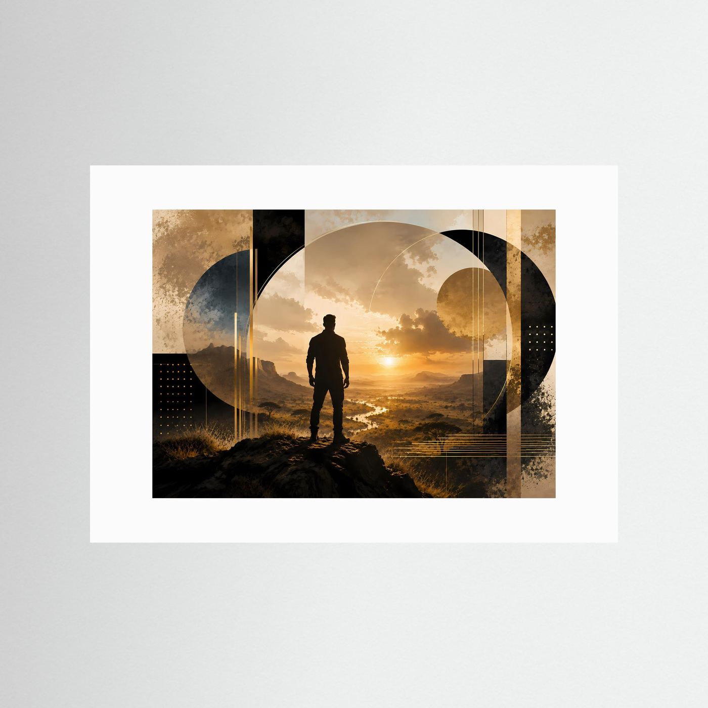 Poster im Querformat mit weißem Passepartout, Silhouette eines Mannes vor goldener Sonne