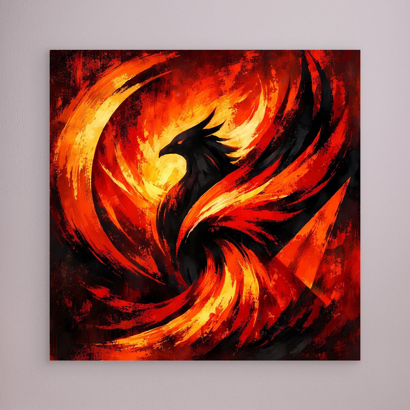 Wandbild: abstrakter Phönix in Schwarz und Feuerrot mit goldenen Flammen, ohne sichtbaren Rahmen