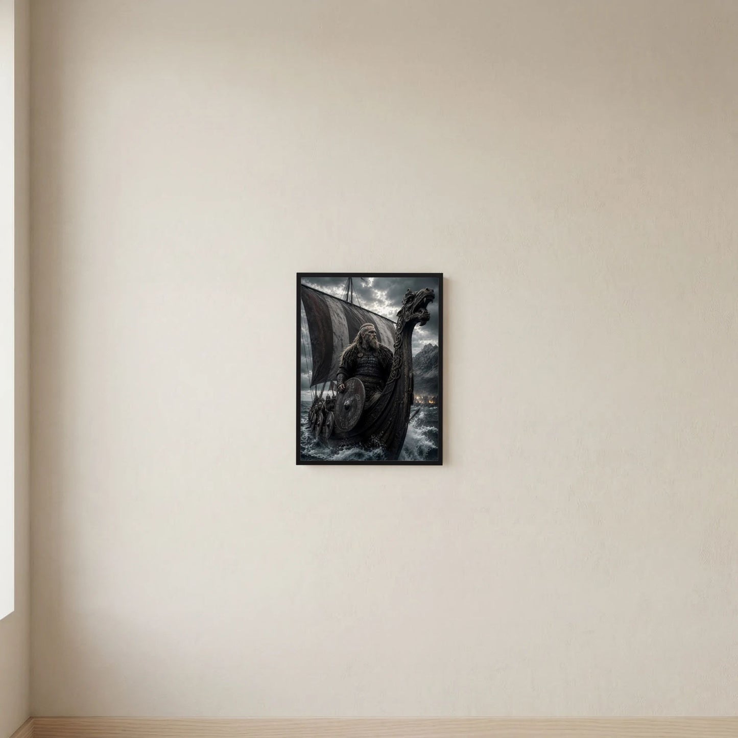Hochformat-Poster mit Wikingerkrieger und Drachenschiffmotiv, schwarz gerahmt
