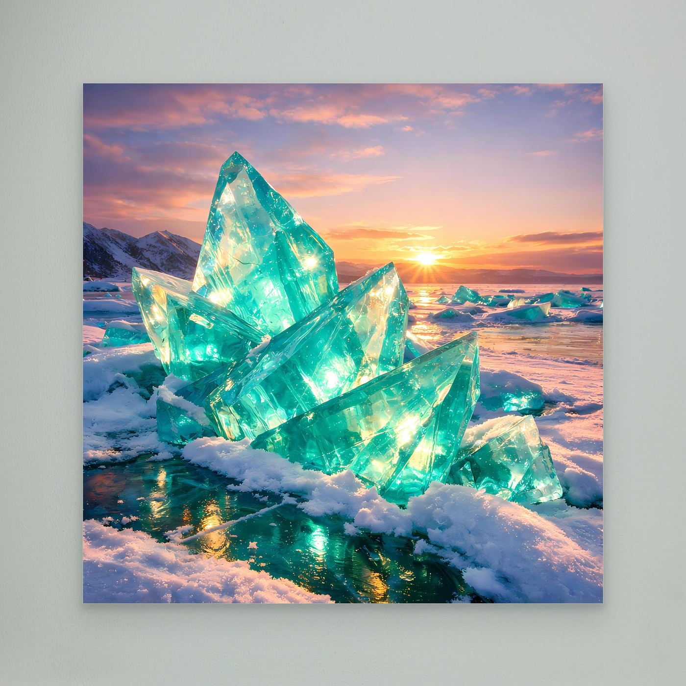 Leinwandbild mit türkisfarbenen Eiskristallen im Winter bei Sonnenuntergang