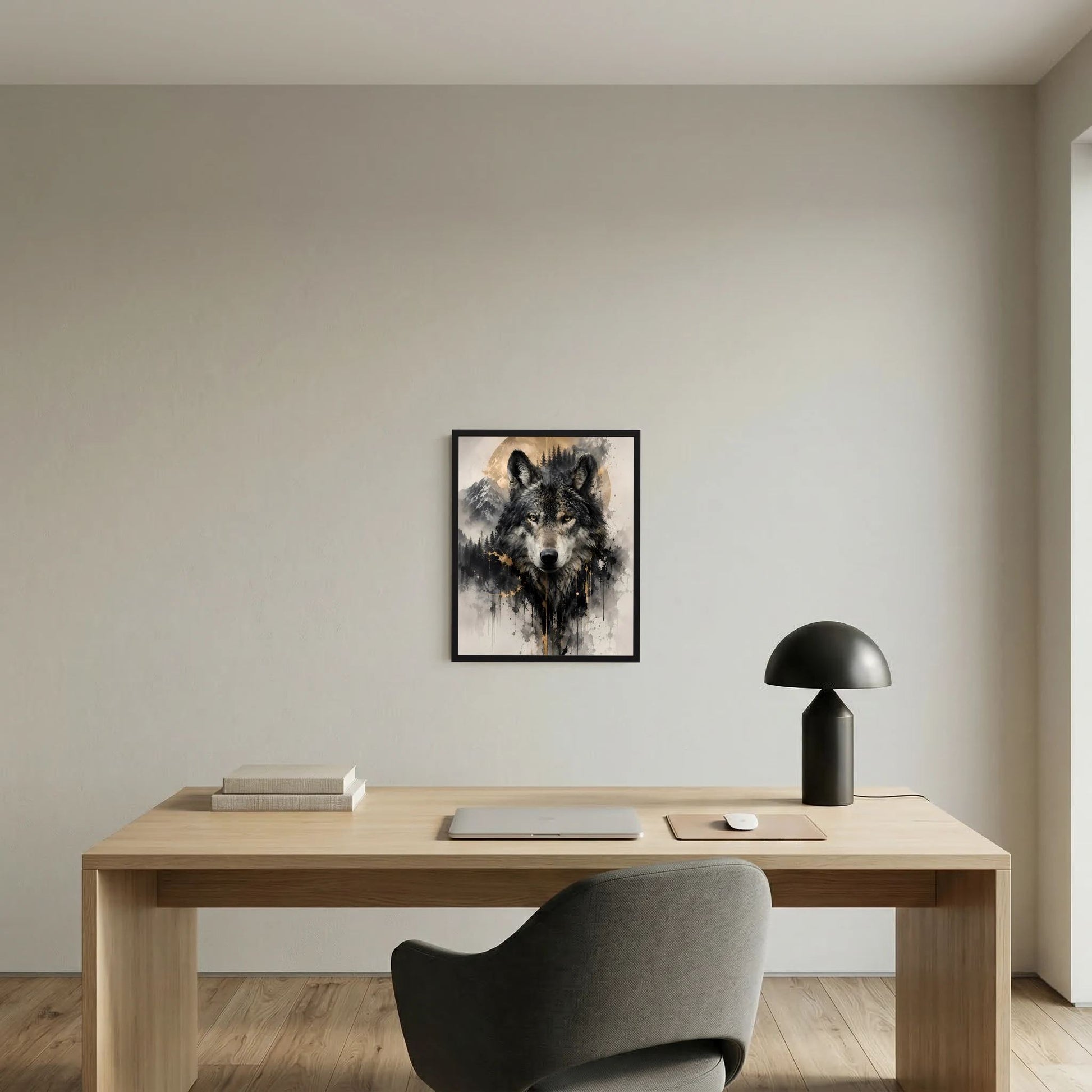Gerahmtes Wolfporträt im Schwarz-Grau mit goldenen Spritzern, zentral an der Wand