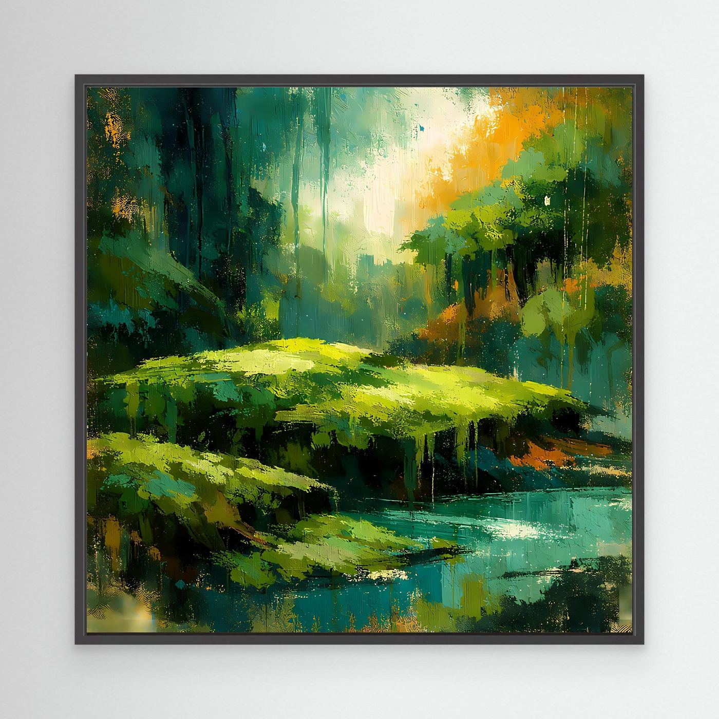 Abstraktes Dschungel-Wandbild mit grünem Fluss und gelbem Licht, schwarzer Rahmen