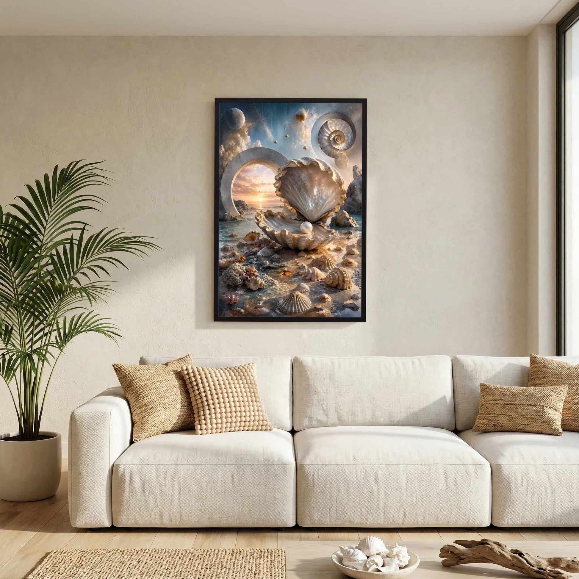 Hochformat-Poster mit Muschelmotiv in Creme und Gold, schwarzer Rahmen