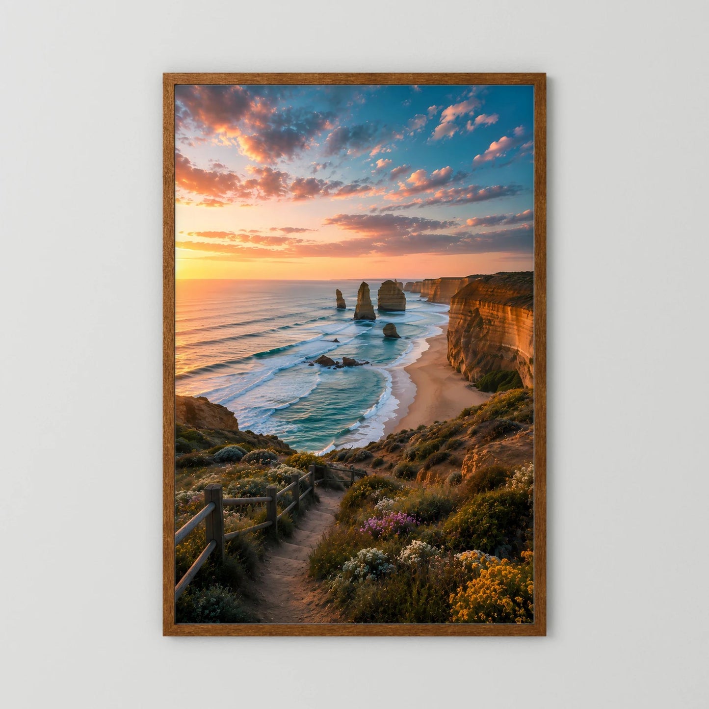 Hochformat-Poster im braunen Holzrahmen: Sonnenuntergang an der Küste mit Felsnadeln und Klippen.