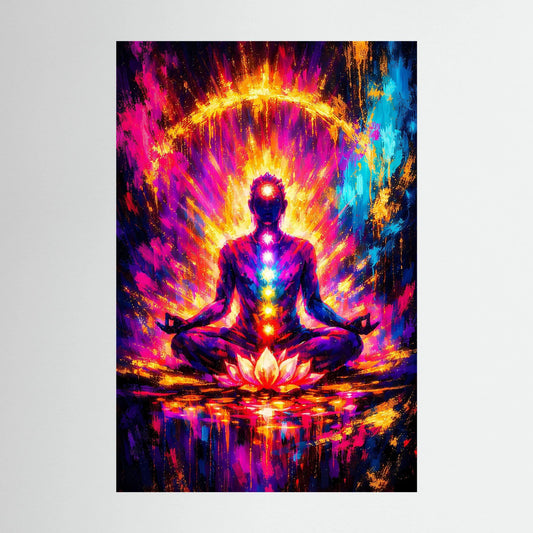 Hochformatiges Meditationskunstposter mit sitzender Figur im Lotussitz, leuchtender Chakra-Aura