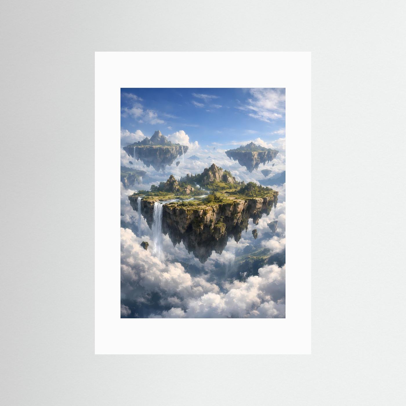 Hochformatiges Fantasy-Poster mit Wasserfall und schwebender Insel, mit weißem Passepartout.