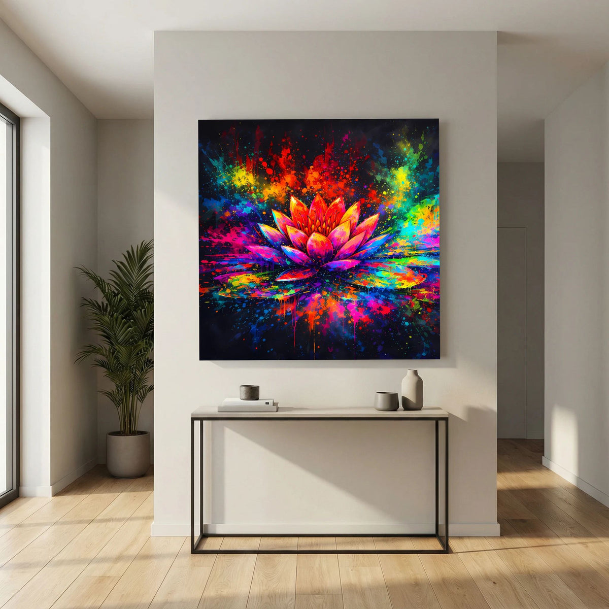 Rechteckiges Leinwandbild mit farbenfroher Lotusblüte, kräftige Regenbogenfarben und Spritzer