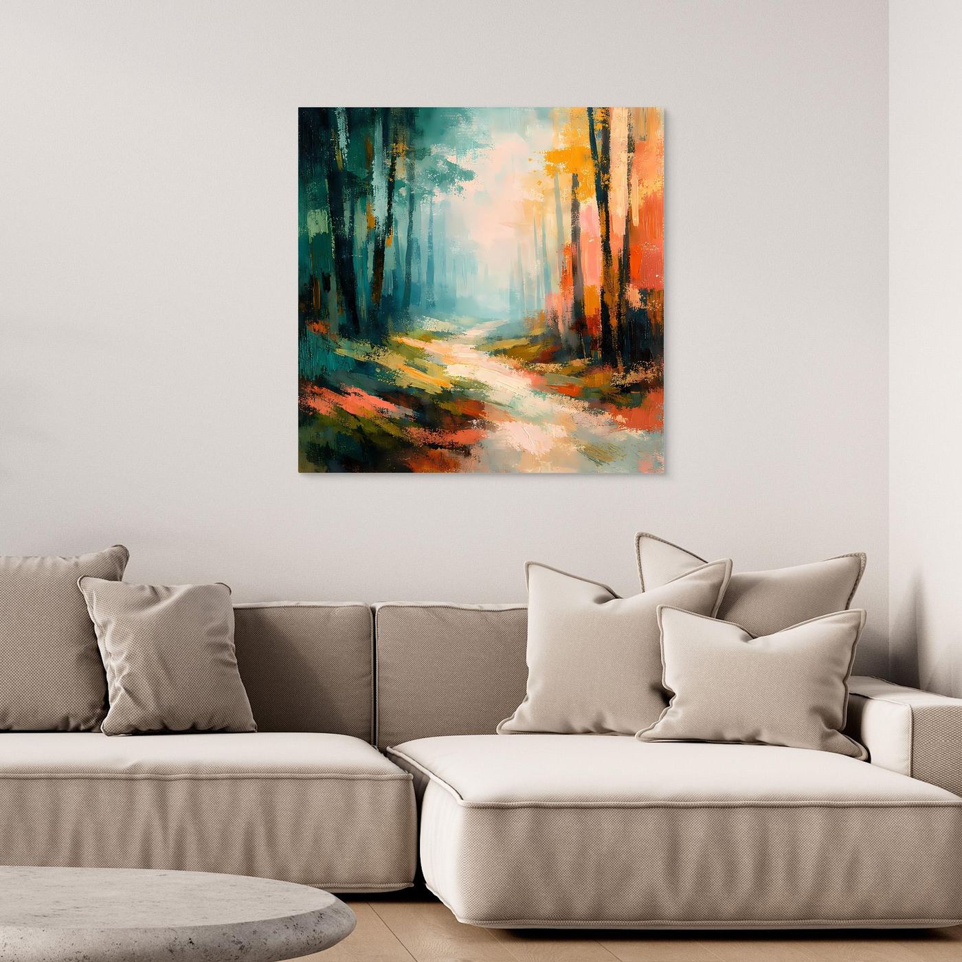 Leinwand-Wandbild mit abstraktem Waldweg im Herbst, ohne erkennbaren Rahmen