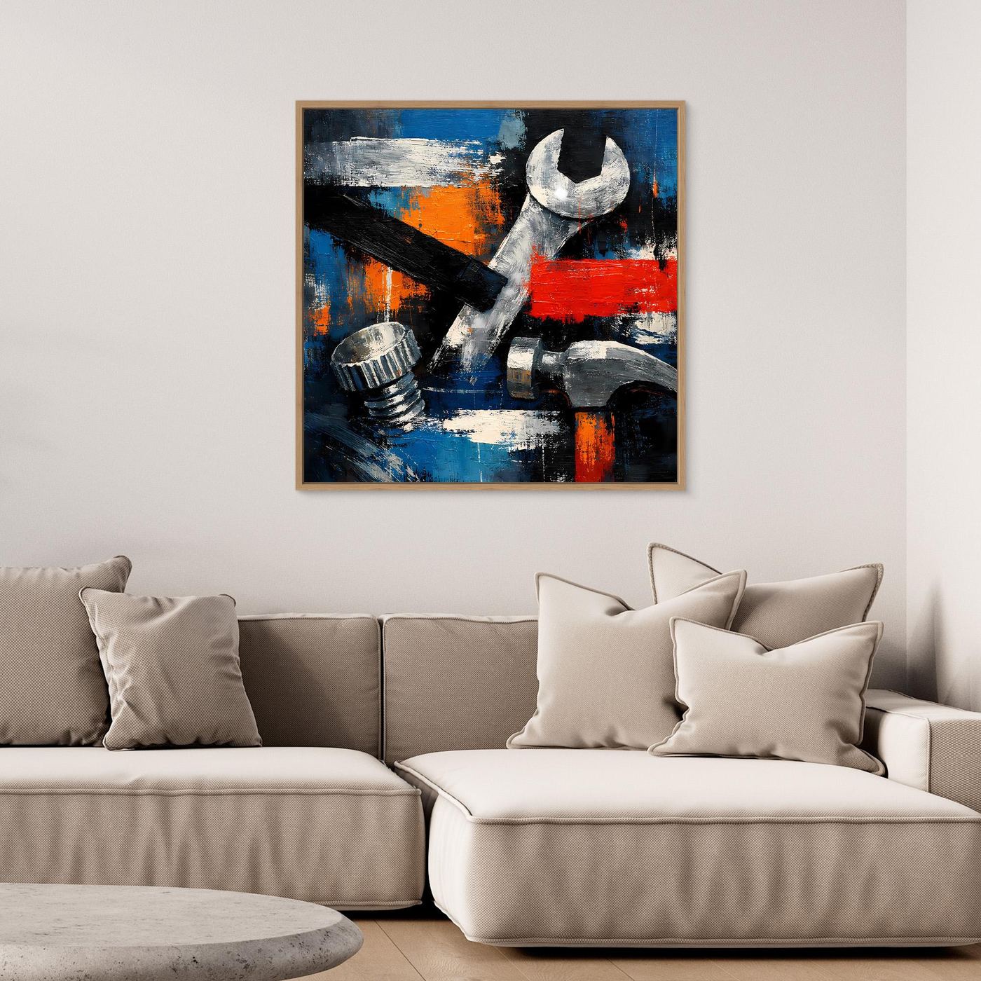 Square abstract tool wall canvas with wrench and hammer, blue and red splashes, oak frame