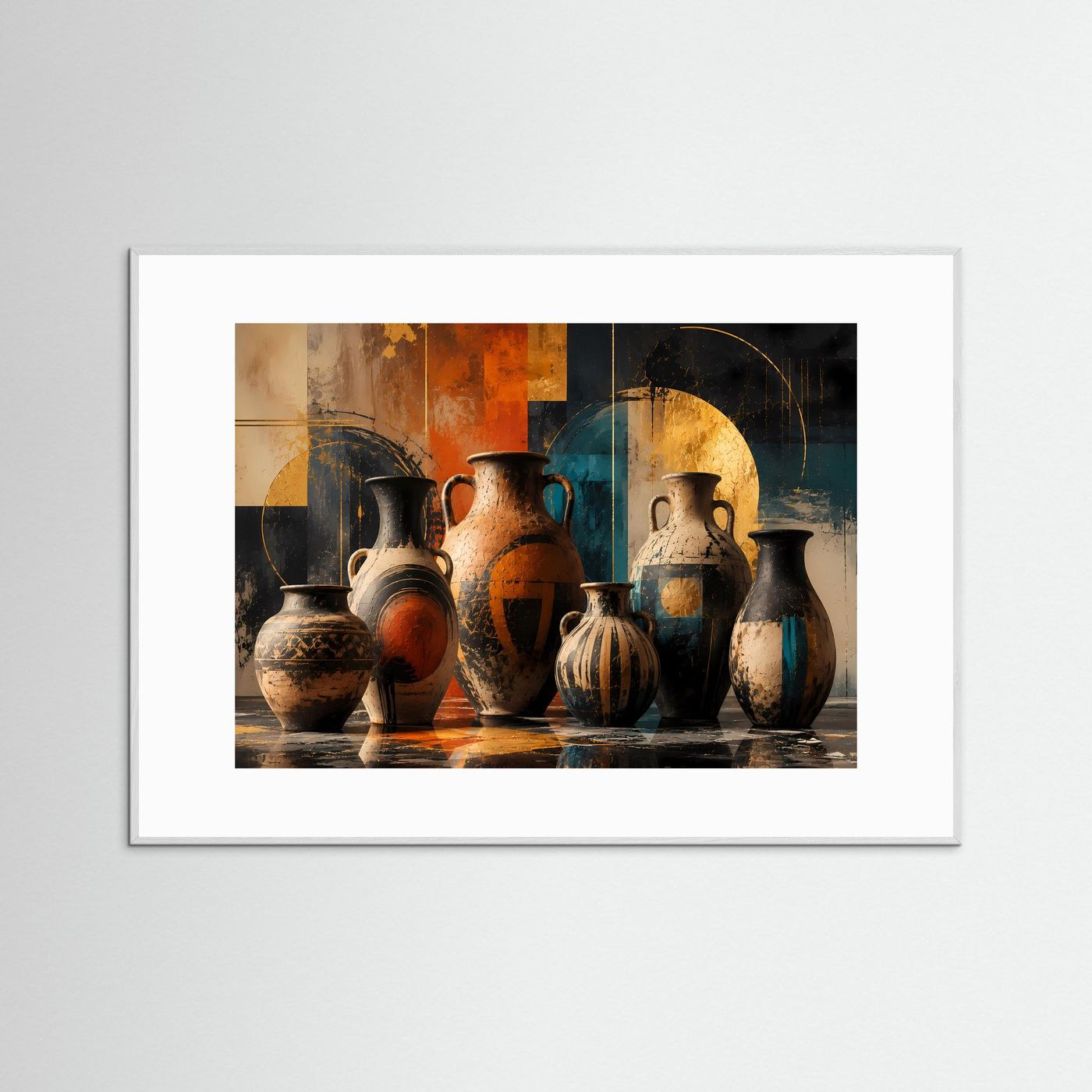 Abstrakte Keramik Vasen Poster | Moderne Amphoren Wandkunst in Terrakotta Blau Gold | Minimalistische Wohnraum Deko